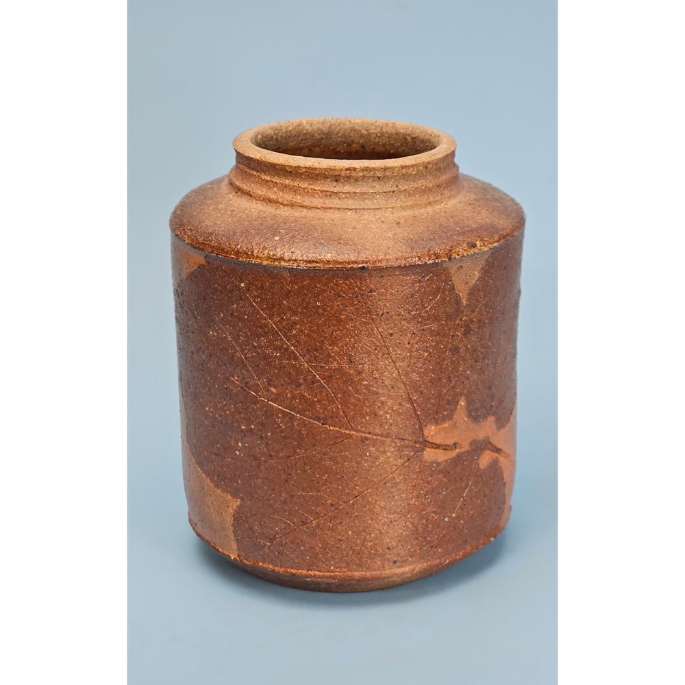 Vintage Studio Pottery Leaf Impression Jar Signed Question Mark Rustic Stoneware